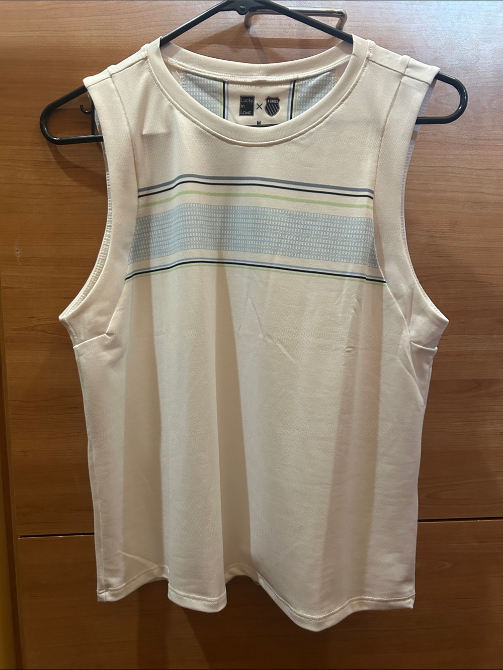 Lucky in Love Kswiss white Athletic Sleeveless Tank with Blue and Green Stripes